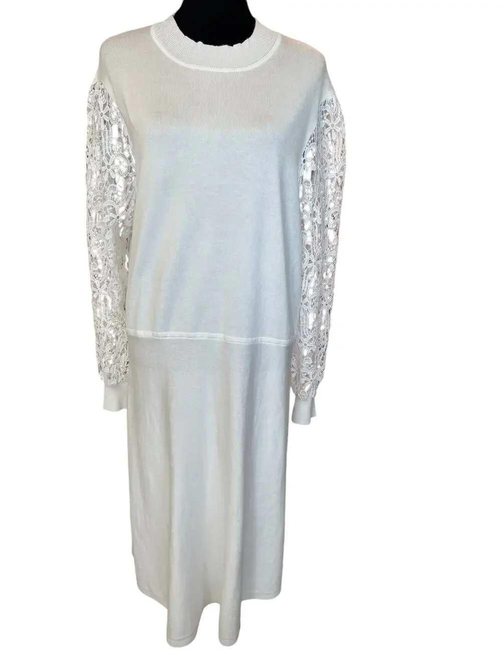 New ~ NINA LEONARD ~ Mockneck Lace-Sleeve Sweater Dress Size 2X White